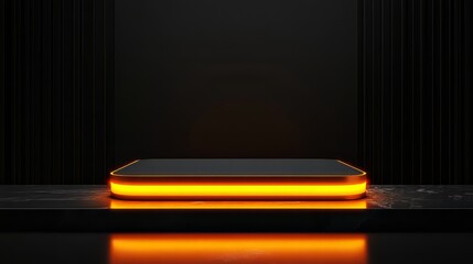 Modern podium with neon orange glow, ideal for contemporary product showcases, set against a black background. 