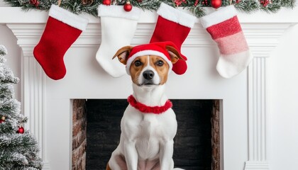 Fototapeta premium pet in christmas cloth. A festive dog wearing a Santa hat sits by the fireplace, decorated with stockings, creating a warm holiday atmosphere.