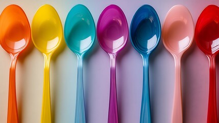 Colorful plastic spoons displayed on surface vibrant kitchen setting