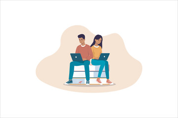 Illustration Man and woman studying together, Couple sitting on books with laptop computers learning and educating themselves. Vector illustration.
