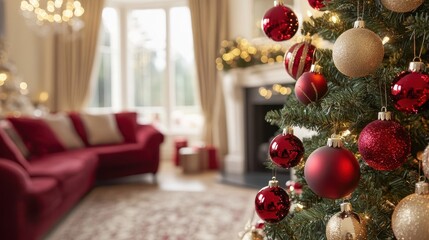 Christmas tree adorned with red and gold ornaments in a cozy living room with a red couch.