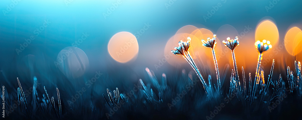 Poster a tranquil scene with delicate flowers illuminated by soft, dreamy bokeh lights.