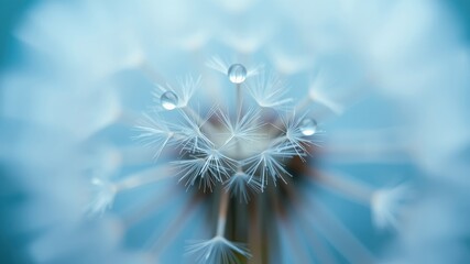 Dandelion seed head with delicate white plumes and sparkling water droplets, capturing the beauty of nature's details
