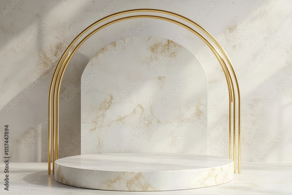 Poster a minimalist display setup featuring a marble-like backdrop and golden arches.