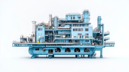 Fototapeta premium A large offshore oil platform stands prominently, showcasing intricate machinery and storage areas against a clear background