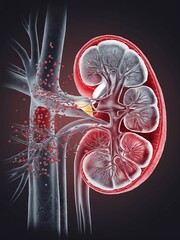 depiction of a human kidney surrounded by small red and gray particles symbolizing oxidative stress