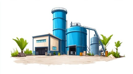 Obraz premium Industrial facility with blue silos and modern construction surrounded by palm trees in a tropical setting during daytime