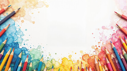 Colorful crayons on watercolor background. Back to school concept