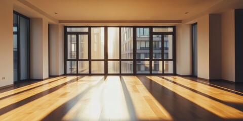 Obraz premium Bright spacious interior with large windows reveals a stunning view. This modern design emphasizes natural light and open space. A perfect setting for relaxation and creativity. AI