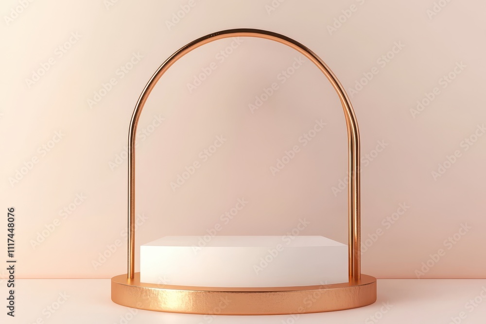 Poster a minimalist display stand with a curved metallic arch and a white platform.