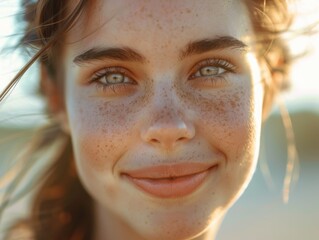 Glowing skin, freckles, smiling eyes, outdoor setting, sunlit hair, joyful expression, summer vibes.
