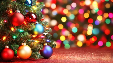 Obraz premium Christmas tree decorated with colorful ornaments and lights on a red carpet. Festive holiday backdrop with blurred bokeh lights.