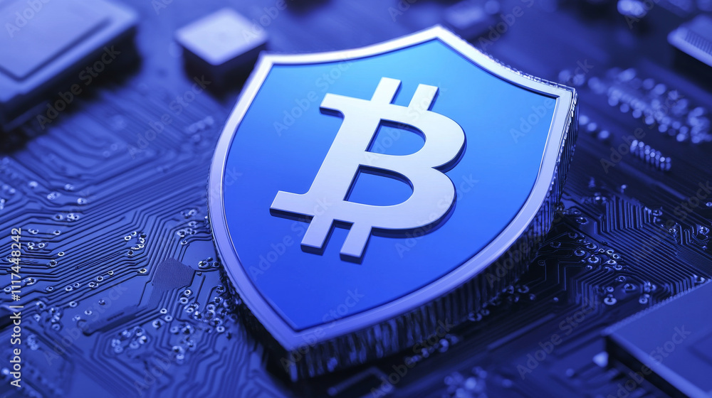Poster isometric vector illustration on a dark blue background, a shield in front of a microprocessor and b