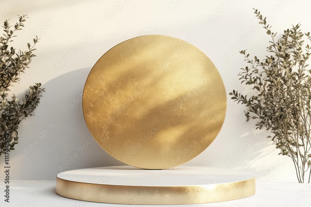 Poster a minimalist display featuring a golden circular backdrop and a white platform surrounded by foliage