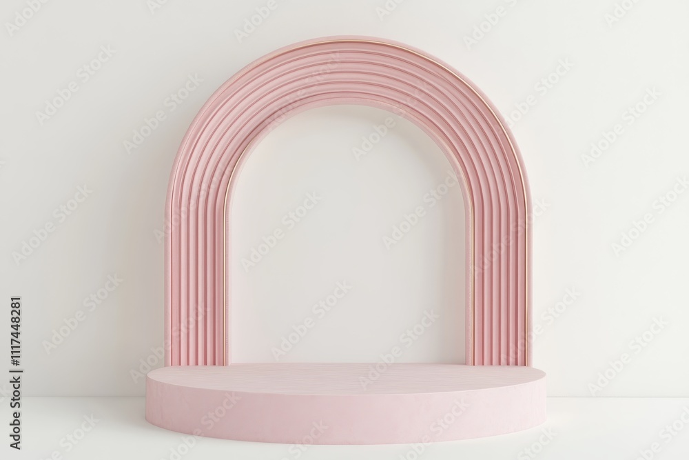 Poster a minimalist pink arch structure with a circular base, suitable for display or photography.
