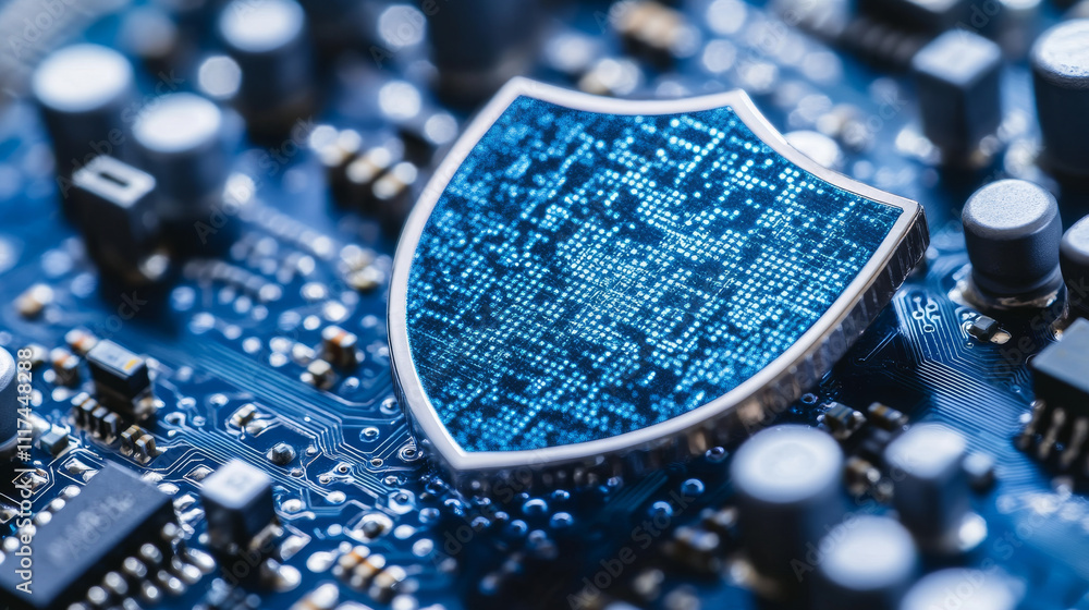 Poster isometric vector illustration on a dark blue background, a shield in front of a microprocessor and b
