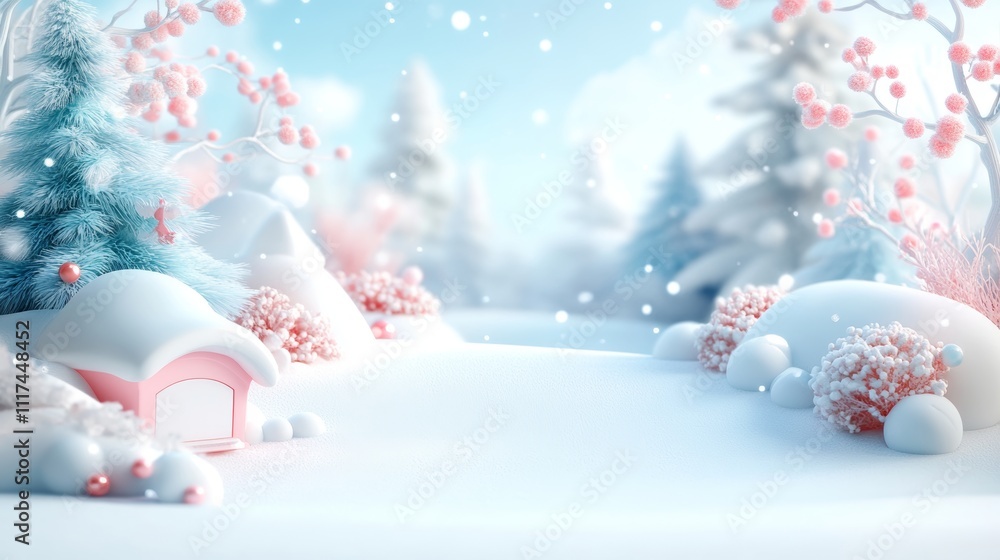 Poster winter scene with 3d model of empty landscape and colorful background