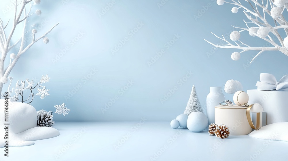 Poster winter scene with 3d elements and soft color background