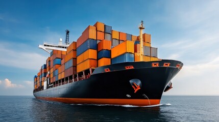 Large Container Ship Navigating Open Water with Colorful Cargo Bins Against Clear Blue Sky