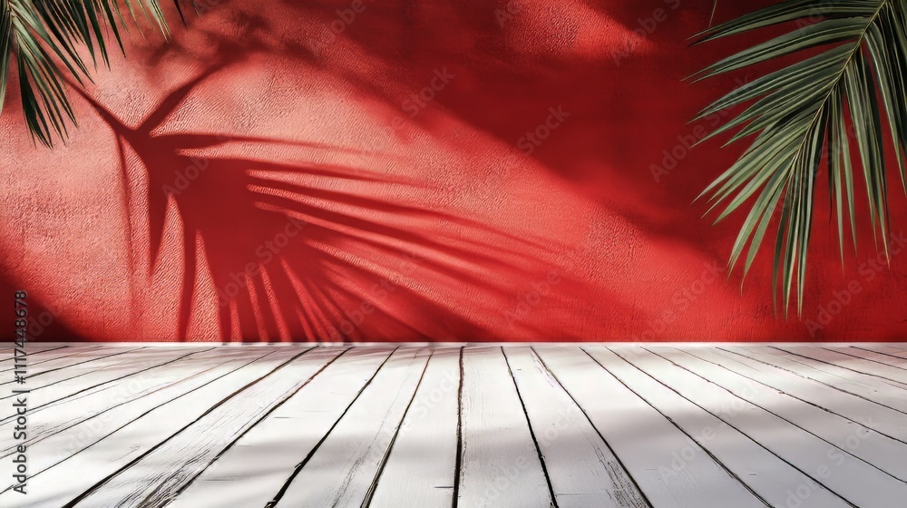 Poster red color background with a white wood table top and a palm leaf shadow for a product display presen