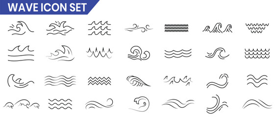 Wave icon, Sea and river wave icon, vector symbol set design. Splash icon, vector. Line ocean symbol and sign. Vector illustration.