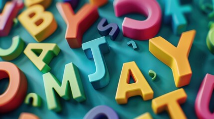 Colorful, playful letters scattered on a vibrant background.