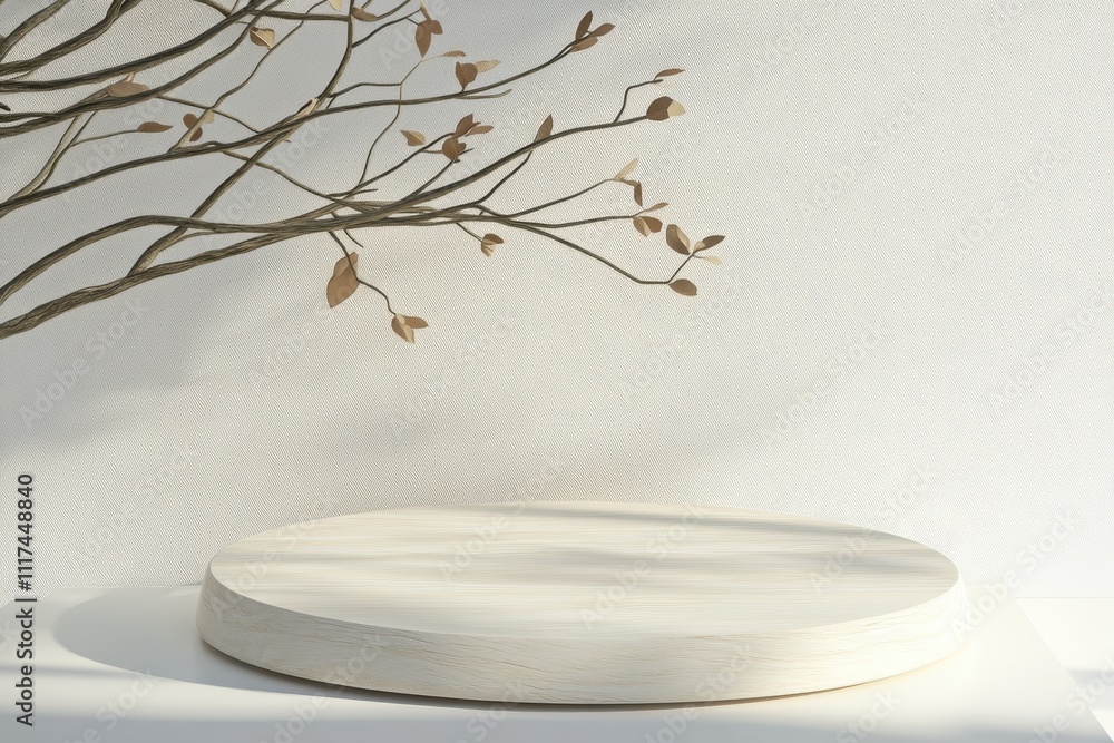 Poster a minimalistic display with a round platform and a branch featuring delicate leaves.