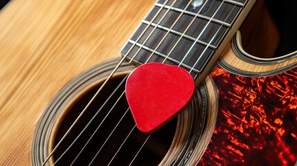Obraz premium A bright red guitar pick balanced on the frets of a classic acoustic guitar.