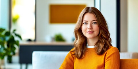 A confident young woman poses in a bright, modern space. She wears a stylish orange sweater, showcasing warmth and approachability. Perfect for lifestyle and personal branding use. AI