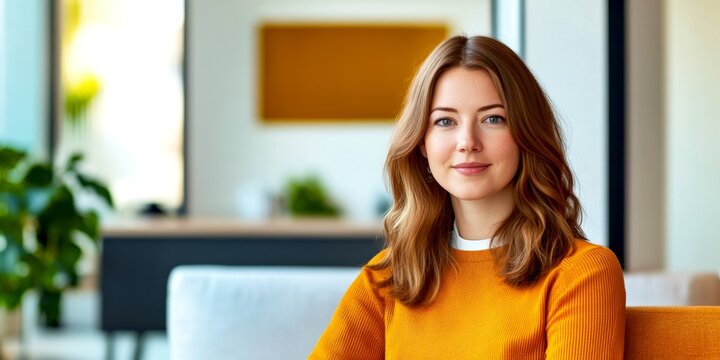 A confident young woman poses in a bright, modern space. She wears a stylish orange sweater, showcasing warmth and approachability. Perfect for lifestyle and personal branding use. AI - Powered by Adobe