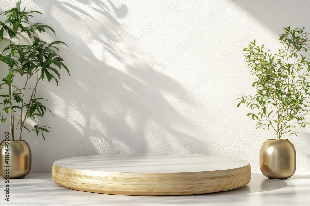 Poster minimalist display with round platform and potted plants casting shadows.