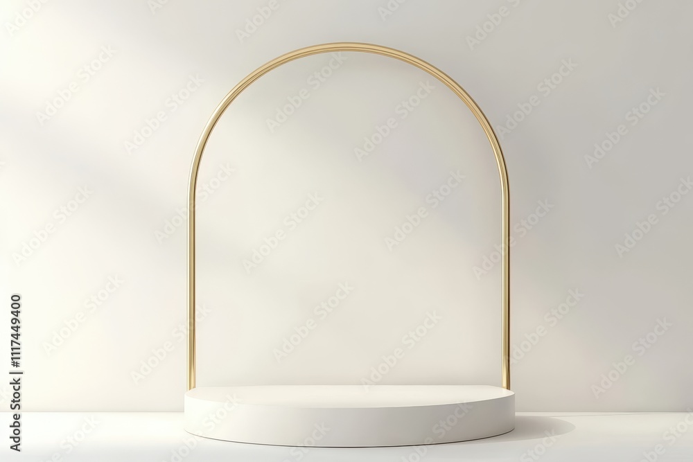 Poster a minimalist display with a circular arch and a round pedestal against a light background.