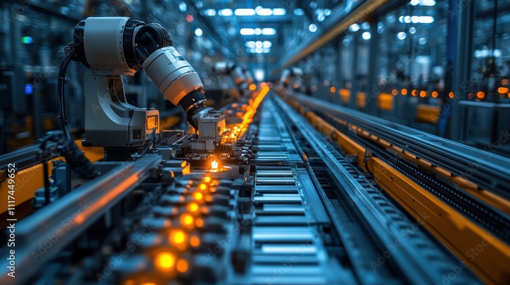 Poster automated robotic assembly line in modern factory.
