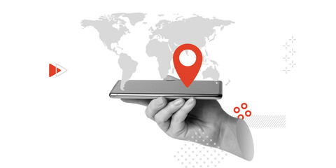 World map and geolocation sign above your smartphone screen. Mobile application for travel, geolocation, geopositioning. Minimalist art collage