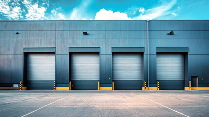 Obraz premium Modern industrial warehouse with double-leaf roller doors under a bright blue sky featuring sleek, clean lines and a polished design