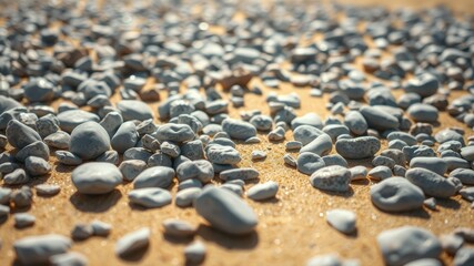Obraz premium A scattering of smooth, grey stones lie upon a bed of fine, golden sand, catching the sunlight in a soft, diffused glow.
