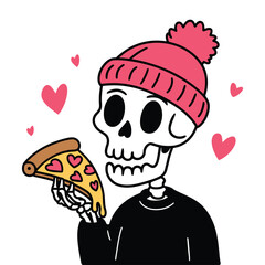 Skeleton Eating Pizza with Heart-Shaped Toppings Illustration