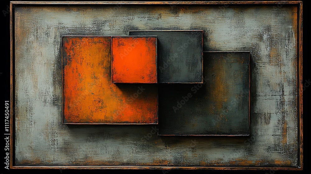 Poster abstract artwork featuring overlapping rusty orange and dark gray squares on a textured gray backgro