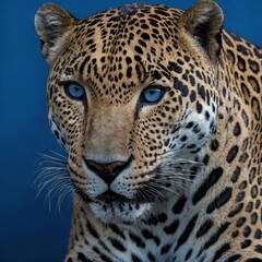 Fototapeta premium A close-up of a jaguar’s face with piercing eyes, surrounded by blue and white gradients.
