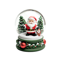 Christmas snow globe featuring Santa Claus with trees and decorations, evoking holiday cheer and nostalgia isolated on transparent background