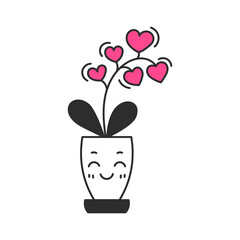 Heart shaped Orchid Plant in Pot. Hand drawn cute potted houseplant with flower and leaf. Love growth symbol. Valentines day vector illustration