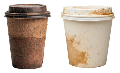 Two worn coffee cups, one brown and one white, showing signs of age and residue.