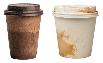 Two worn coffee cups, one brown and one white, showing signs of age and residue.