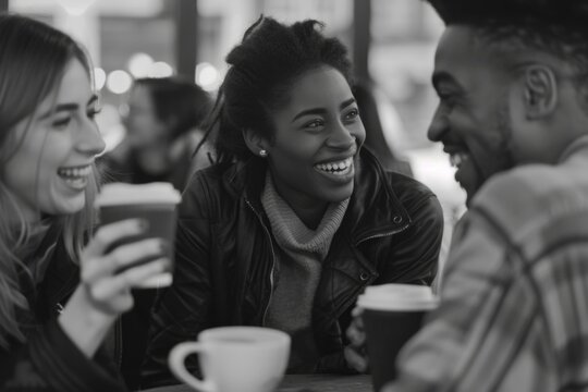Friends sitting at a cafe table, sharing smiles and laughter over their beverages.