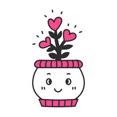 Cute potted houseplant with love heart symbols. Doodle Plant in pot with kawaii face flower and leaf. Hand drawn valentines day design element. Vector illustration