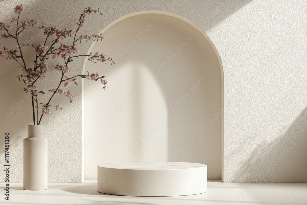 Poster a minimalist display featuring a round pedestal and a vase with flowers against a soft backdrop.