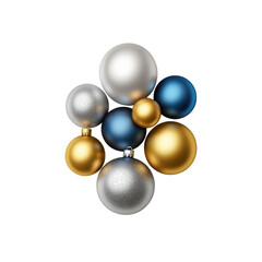 Collection of shiny Christmas ornaments in silver, blue, and gold colors, perfect for festive decorations and holiday celebrations isolated on transparent background