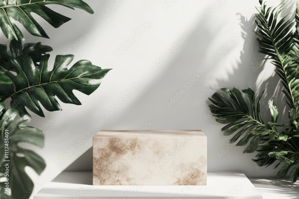 Poster a minimalist display featuring a textured block surrounded by lush green leaves.
