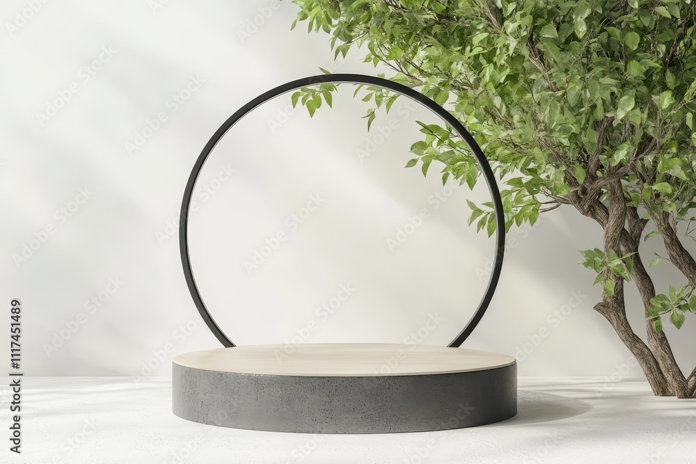Poster a minimalistic display stage with a circular frame and a leafy plant in a bright setting.