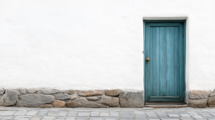 White wall with a rustic blue wooden door and stone base, evoking a minimalist and serene atmosphere.